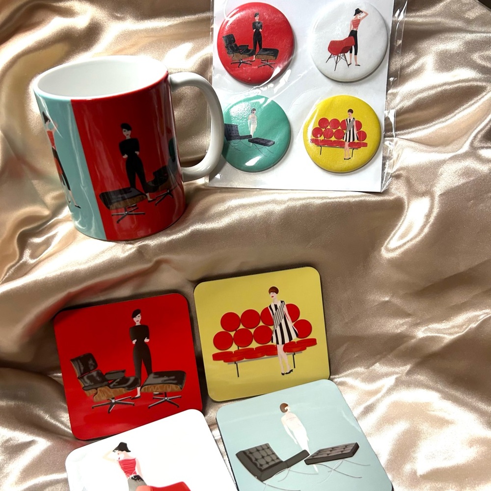 Studio Daedre Retro Mod Illustration Mug, Coaster & Mag Set - Red, Yellow, Aqua